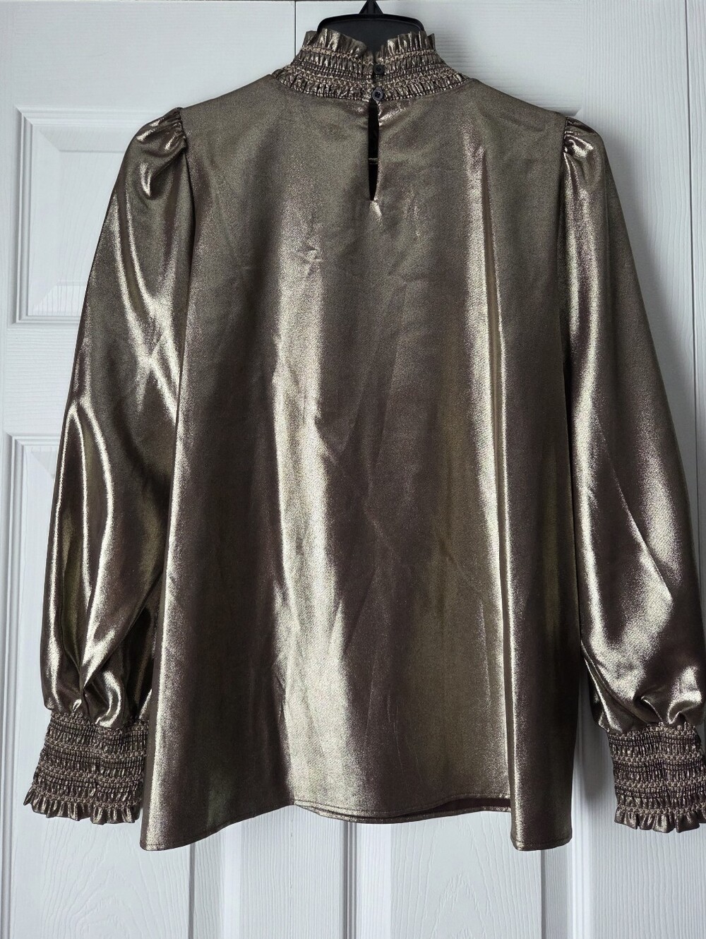 Karl Lagerfeld Paris Metallic Gold Smocked High-Neck Blouse Size M - Picture 8 of 12